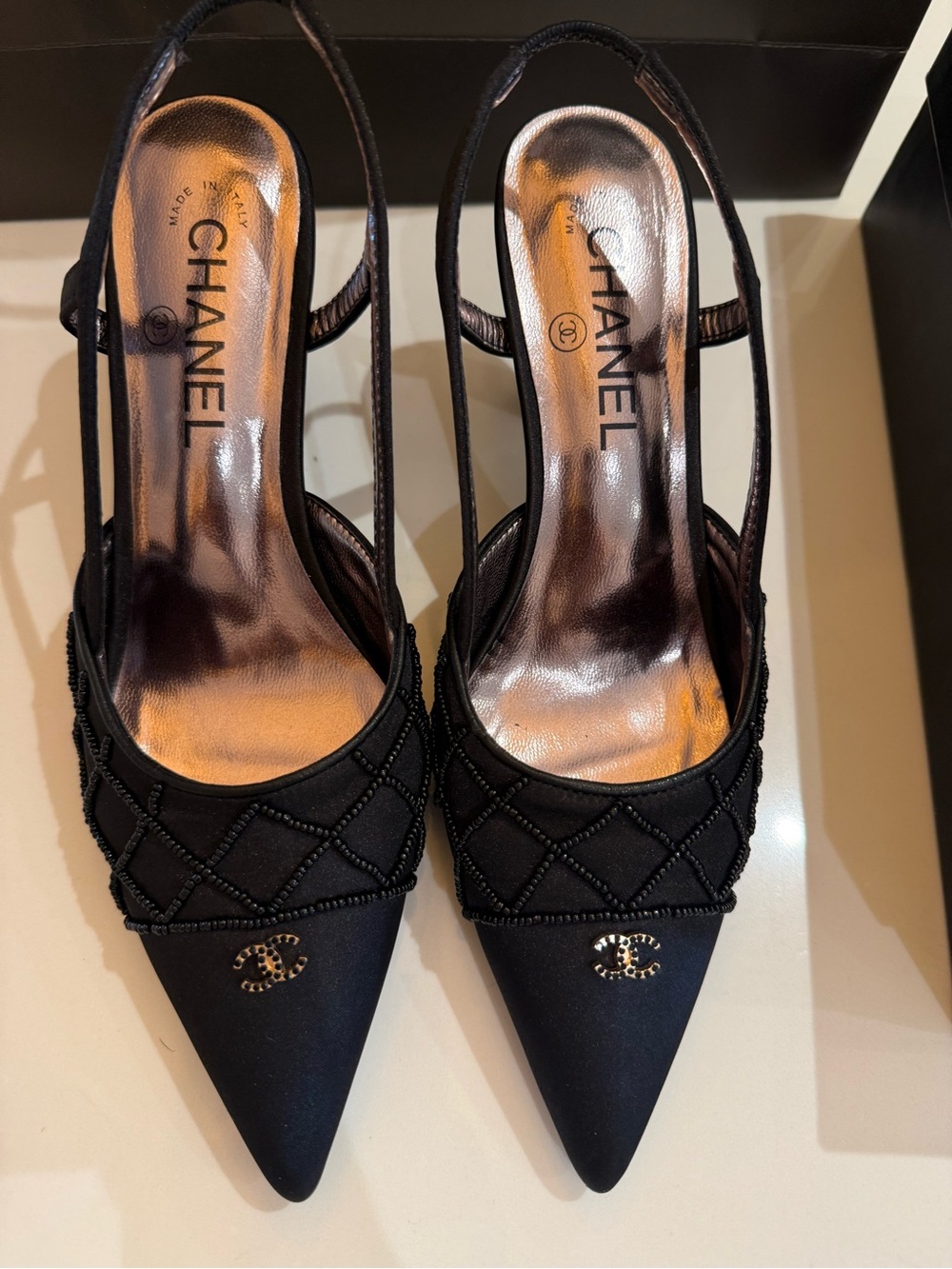 Gently Worn CHANEL Black Beaded Slingback Pointed-Toe Pumps. Vintage! - Picture 9 of 16
